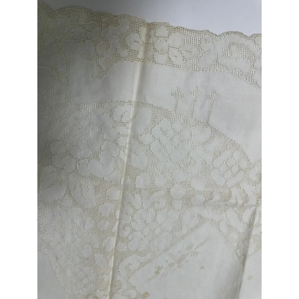 Vintage 1940s Pure Linen Tablecloth Napkins Set NOS Lace Floral White 7pc Set